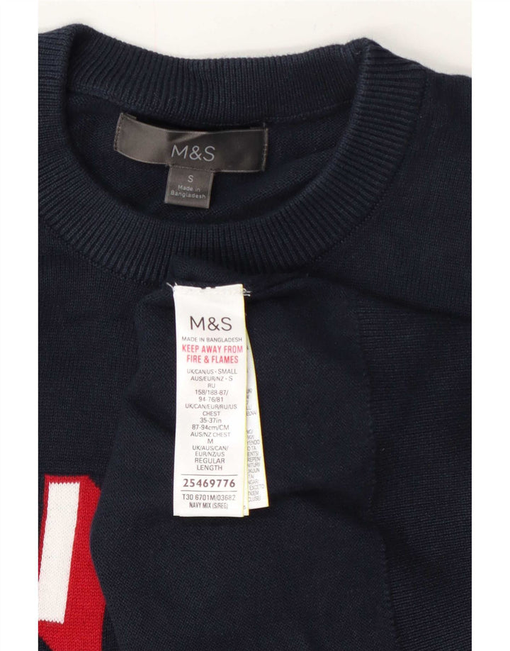Marks & Spencer Mens Graphic Crew Neck Jumper Sweater Small Navy Blue