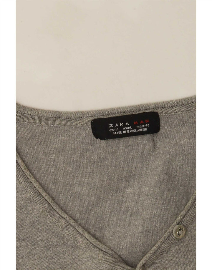 Zara Mens Short Sleeve V-Neck Jumper Sweater Large Grey Flecked