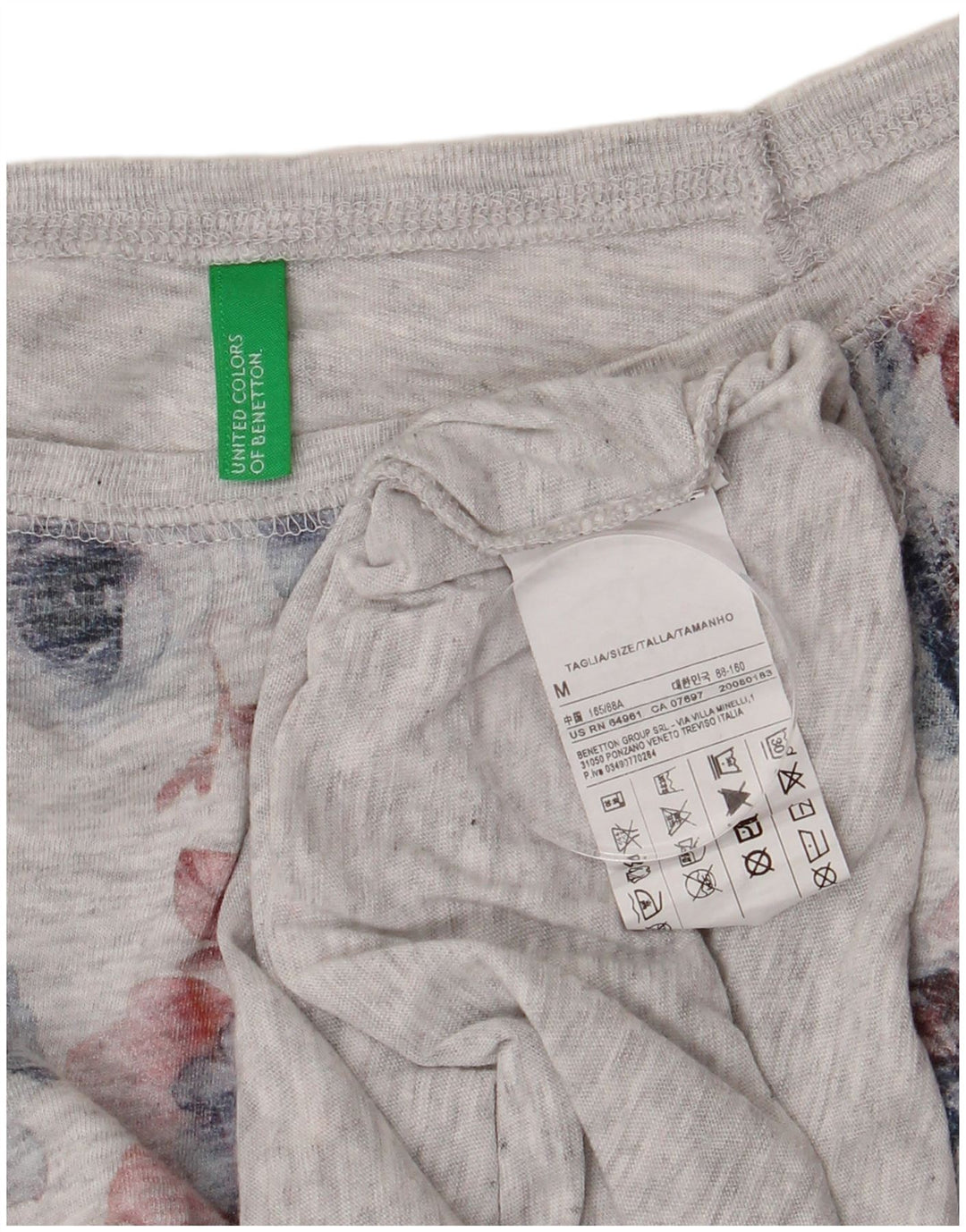 Benetton Womens Graphic Top Long Sleeve UK 12 Medium Grey Floral Cotton