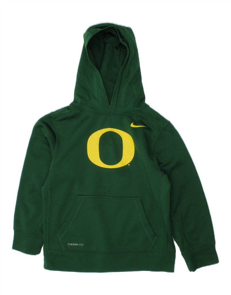 NIKE Boys Therma-Fit Graphic Hoodie Jumper 8-9 Years Small Green Polyester Vintage Nike and Second-Hand Nike from Messina Hembry 