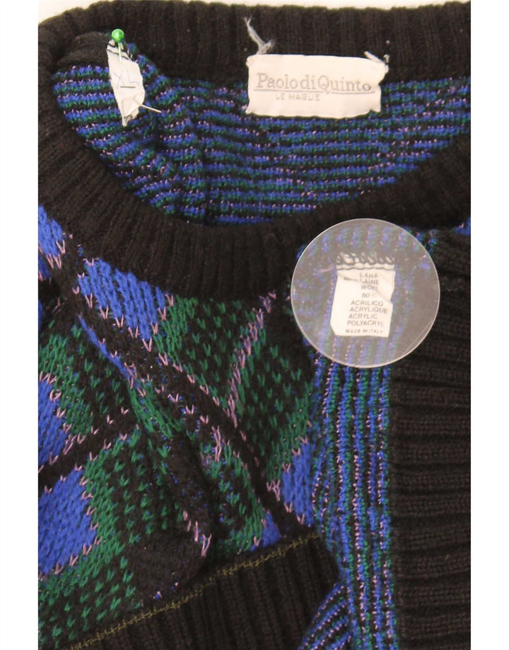 Vintage Mens Crew Neck Jumper Sweater XL Blue Argyle/Diamond Wool
