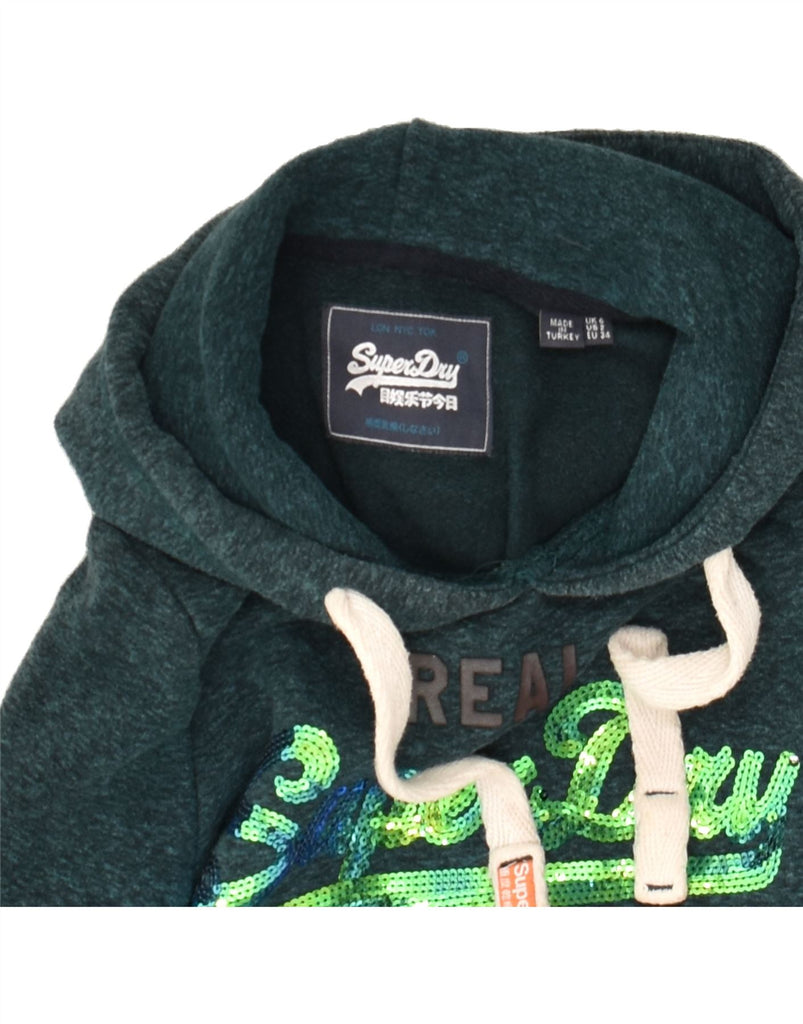 SUPERDRY Womens Graphic Hoodie Jumper UK 6 XS  Green Flecked Cotton | Vintage Superdry | Thrift | Second-Hand Superdry | Used Clothing | Messina Hembry 