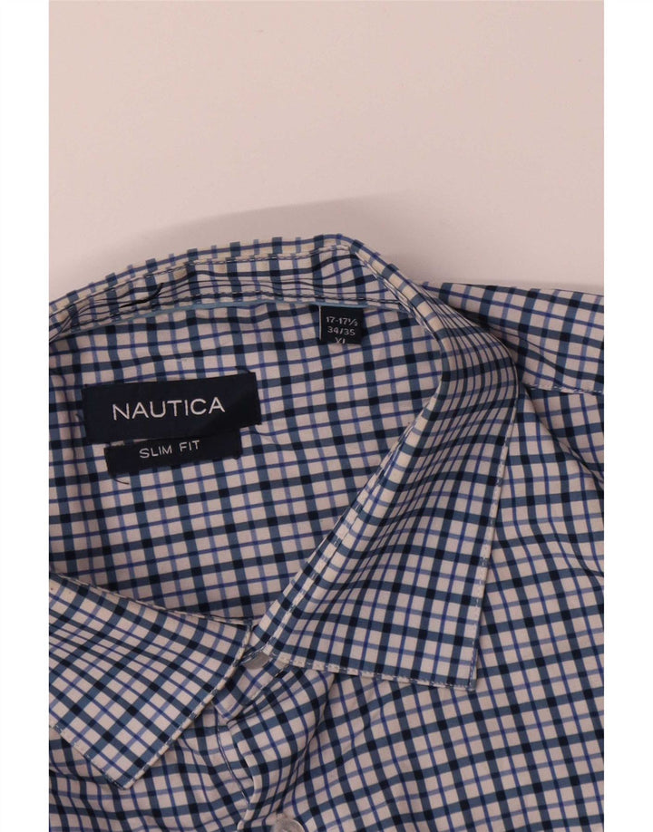 Nautica Mens Slim Fit Shirt Size 17 1/2 XL Blue Check Polyester