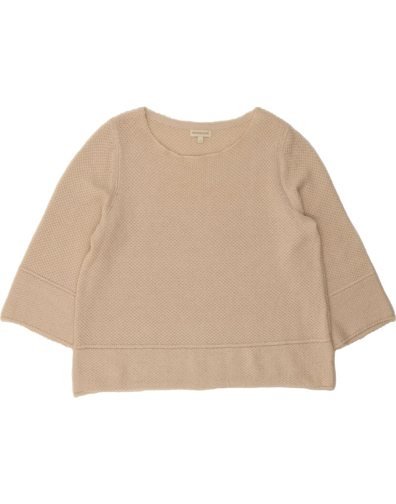 MONSOON Womens Crop 3/4 Sleeve Boat Neck Jumper Sweater UK 16 Large Beige Vintage Monsoon and Second-Hand Monsoon from Messina Hembry 