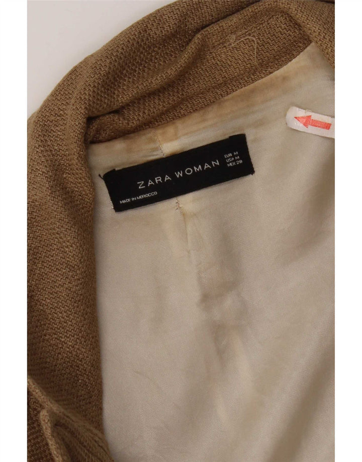 Zara Womens Longline Double Breasted Blazer Jacket UK 14 Medium Brown Linen