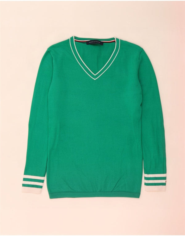 Tommy Hilfiger Womens V-Neck Jumper Sweater UK 12 Medium Green Colourblock