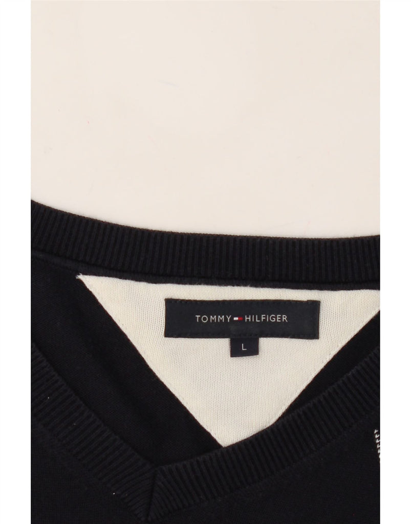 TOMMY HILFIGER Mens V-Neck Jumper Sweater Large Navy Blue Argyle/Diamond Vintage Tommy Hilfiger and Second-Hand Tommy Hilfiger from Messina Hembry 