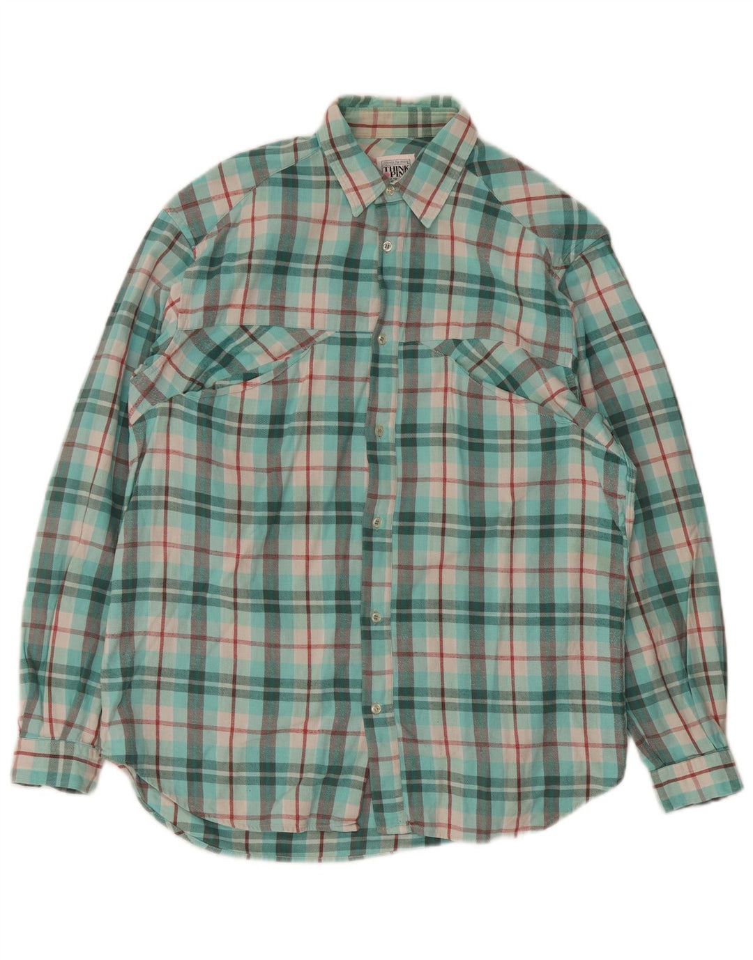 Think Pink Mens Flannel Shirt Size 39 15 1/2 Medium Turquoise Check