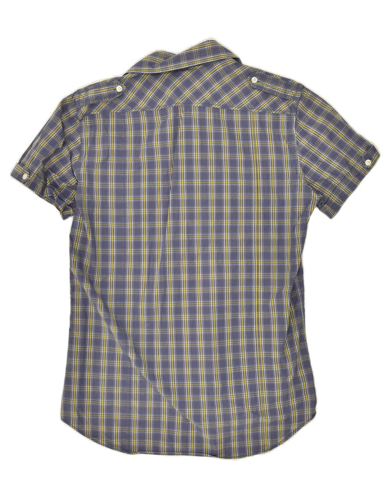 CONTE OF FLORENCE Mens Slim Fit Short Sleeve Shirt Large Navy Blue Check Vintage Conte of Florence and Second-Hand Conte of Florence from Messina Hembry 