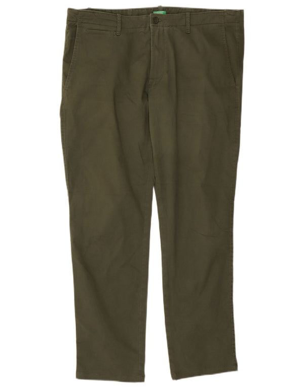 Benetton Mens Straight Chino Trousers IT 54 2XL W40 L30 Khaki Cotton