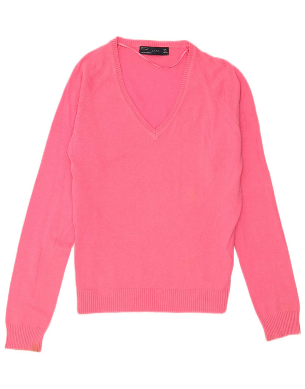 Zara Womens V-Neck Jumper Sweater UK 14 Large Pink Cotton