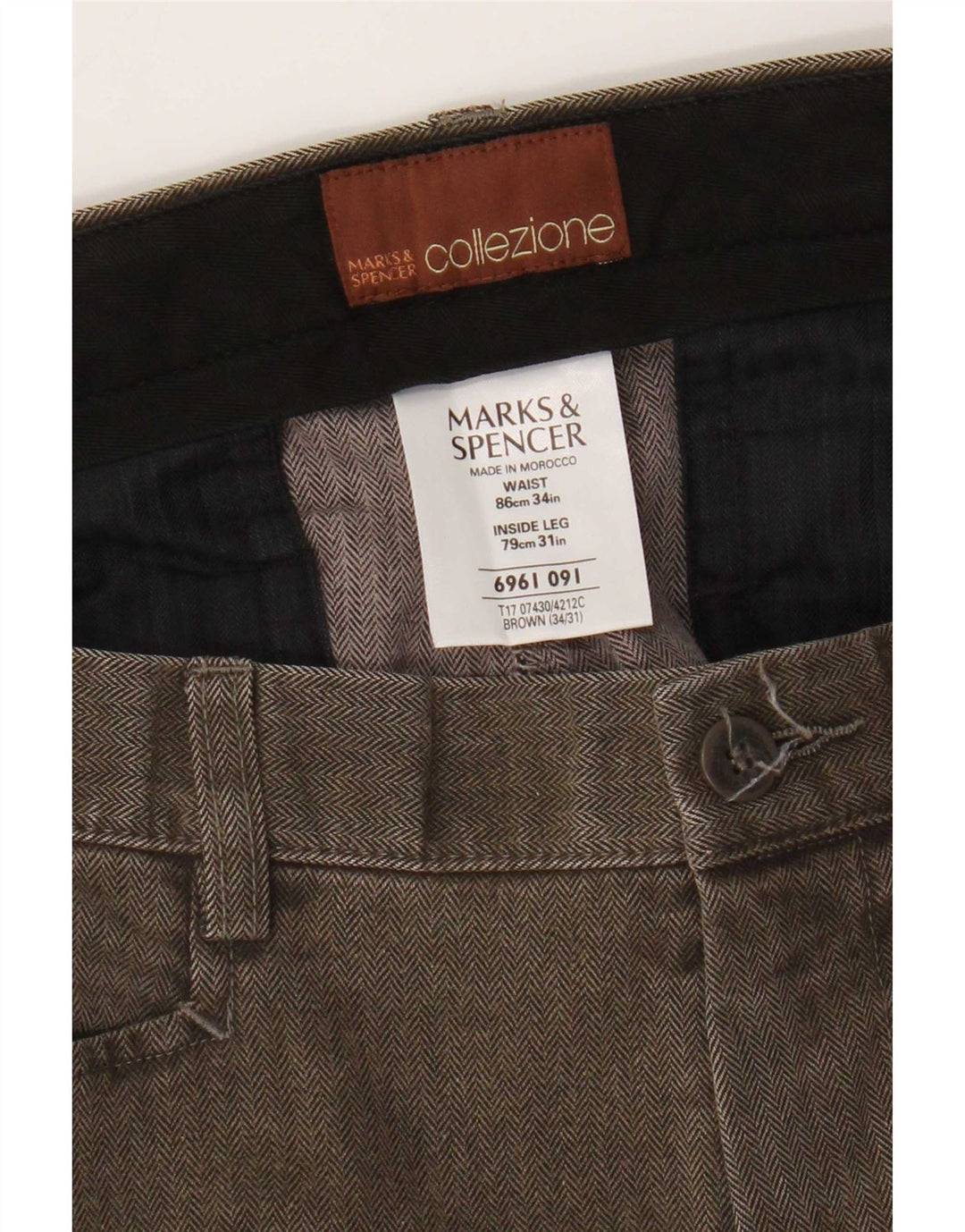 Marks & Spencer Mens Straight Casual Trousers W34 L31 Brown Herringbone