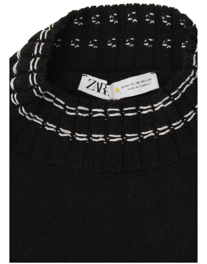 Zara Womens Crop Turtle Neck Jumper Sweater UK 12 Medium Black Cotton