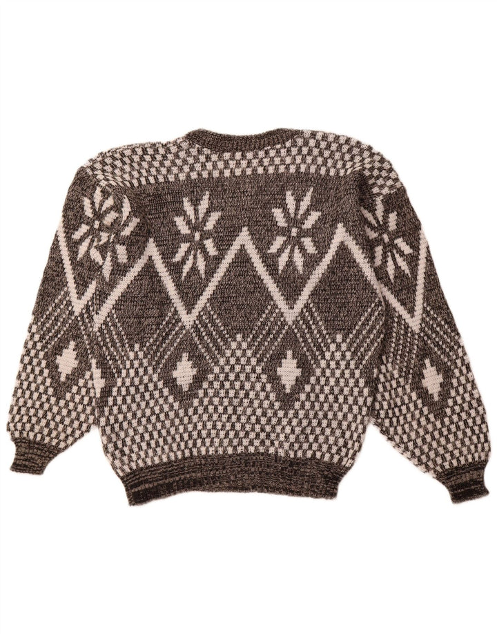 VINTAGE Mens V-Neck Jumper Sweater Large Grey Fair Isle