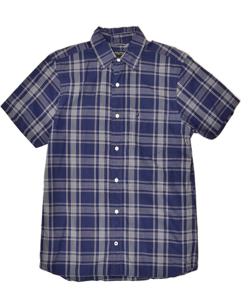 NAUTICA Mens Short Sleeve Slim Fit Shirt Small Navy Blue Check Cotton | Vintage Nautica | Thrift | Second-Hand Nautica | Used Clothing | Messina Hembry 