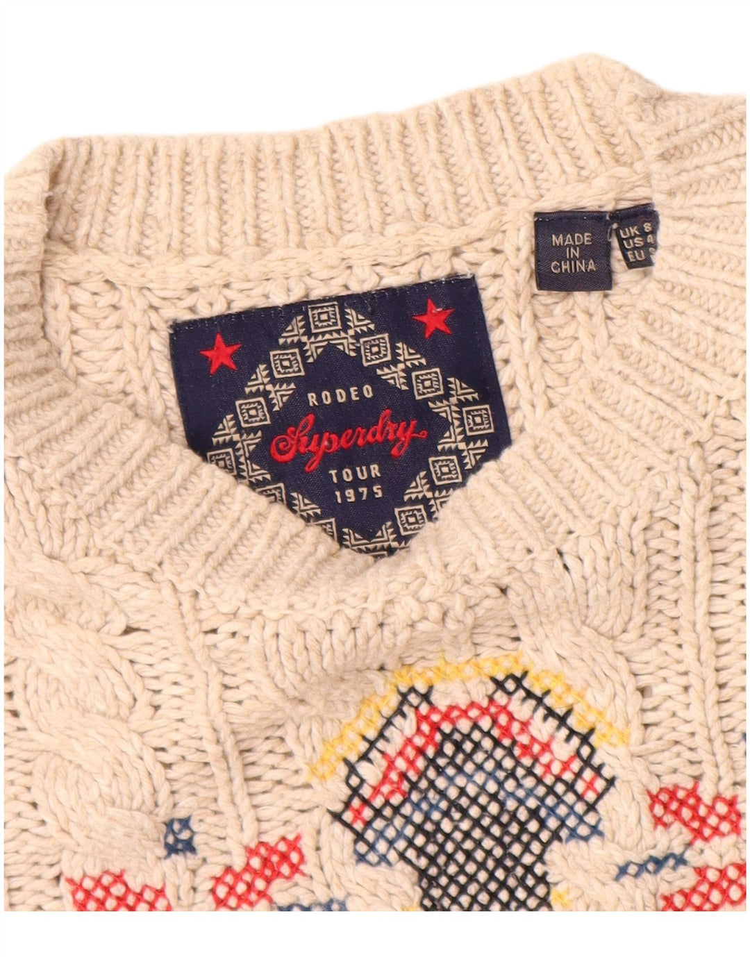 Superdry Womens Crew Neck Jumper Sweater UK 8 Small Off White Fair Isle
