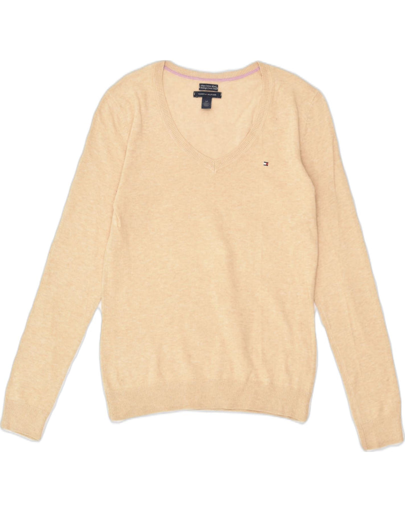 TOMMY HILFIGER Womens V-Neck Jumper Sweater UK 10 Small Beige Cotton | Vintage Tommy Hilfiger | Thrift | Second-Hand Tommy Hilfiger | Used Clothing | Messina Hembry 