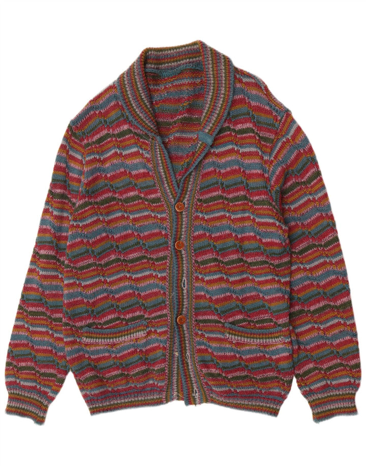 Vintage Mens Cardigan Sweater Large Multicoloured Striped Wool