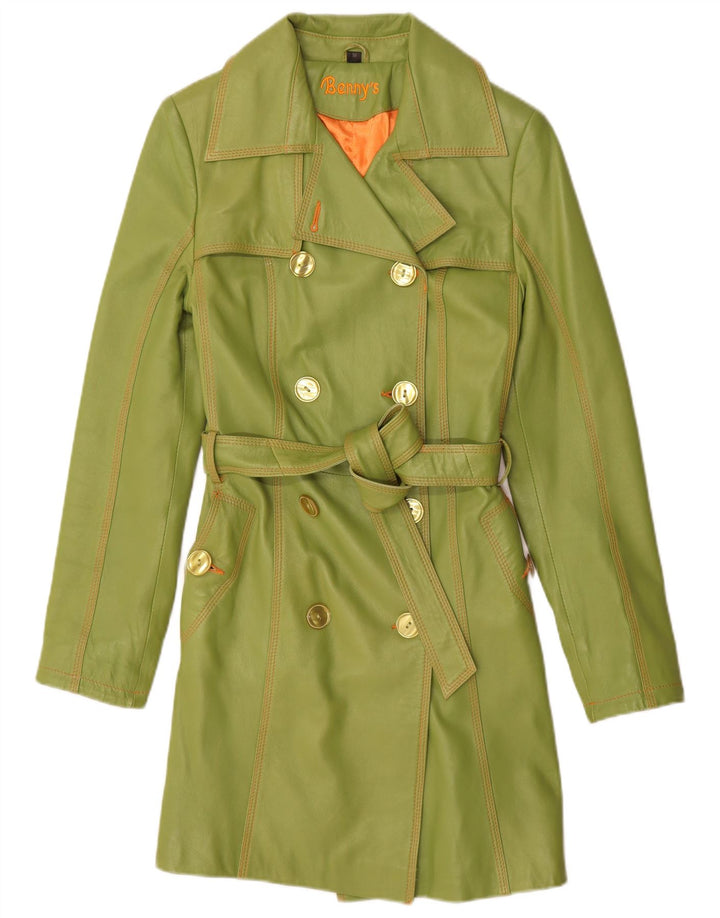 Benny's Womens Double Breasted Leather Coat UK 12 Medium Green Leather
