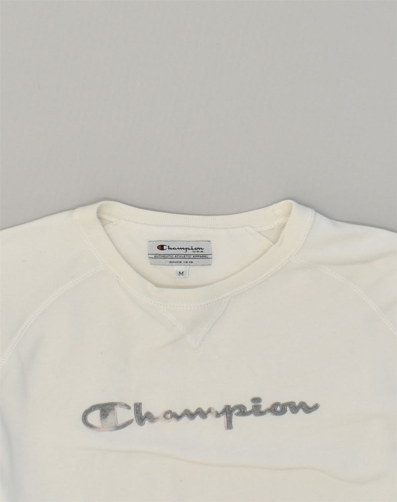 CHAMPION Womens Graphic Sweatshirt Jumper UK 12 Medium White Cotton | Vintage Champion | Thrift | Second-Hand Champion | Used Clothing | Messina Hembry 