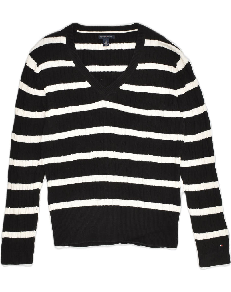 TOMMY HILFIGER Womens V-Neck Jumper Sweater UK 14 Large Black Striped | Vintage Tommy Hilfiger | Thrift | Second-Hand Tommy Hilfiger | Used Clothing | Messina Hembry 