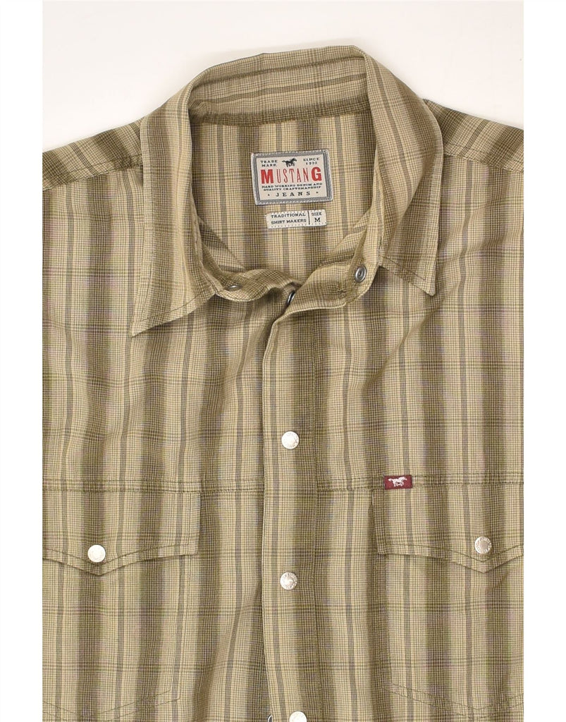 MUSTANG Mens Short Sleeve Shirt Medium Khaki Pinstripe Cotton | Vintage Mustang | Thrift | Second-Hand Mustang | Used Clothing | Messina Hembry 