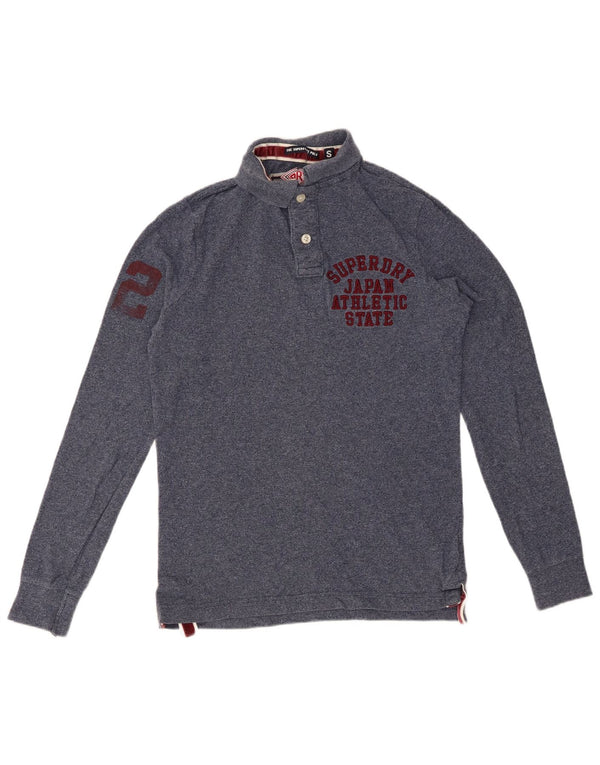 SUPERDRY Mens Graphic Long Sleeve Polo Shirt Small Navy Blue Cotton