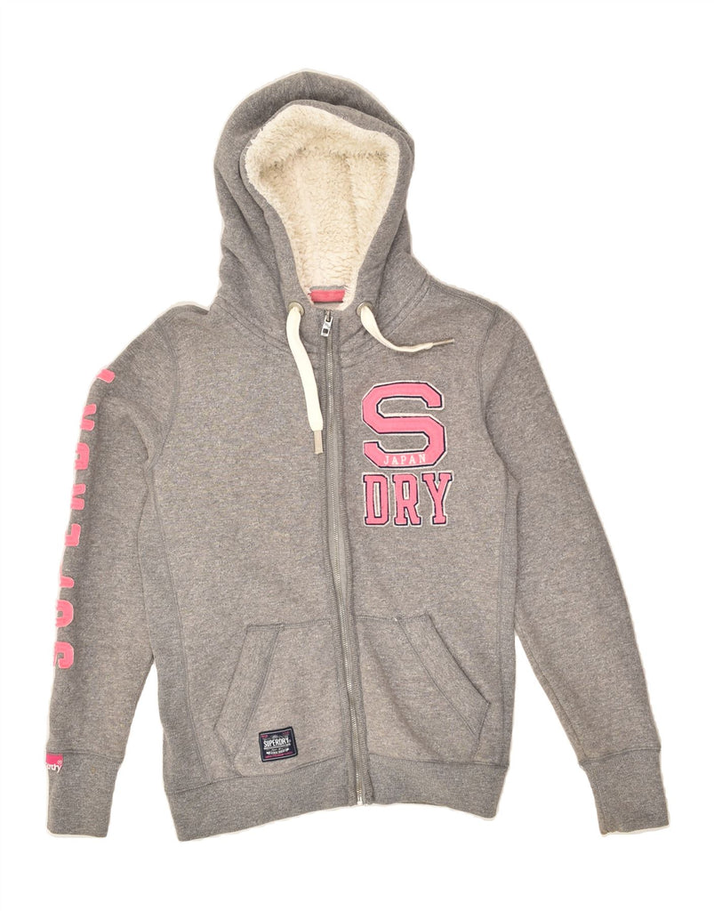 SUPERDRY Womens Graphic Zip Hoodie Sweater UK 14 Medium Grey Flecked | Vintage Superdry | Thrift | Second-Hand Superdry | Used Clothing | Messina Hembry 