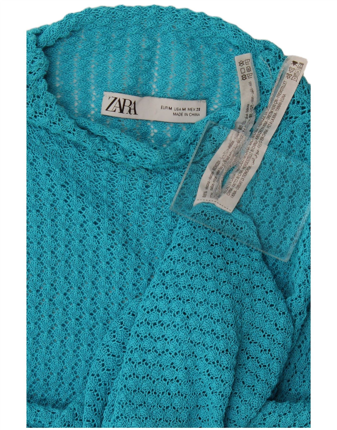 Zara Womens Crop Crochet Turtle Neck Jumper Sweater UK 12 Medium Blue