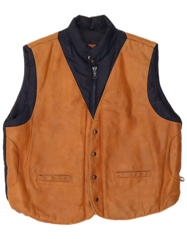 Vintage Mens Leather Padded Gilet UK 40 Large Brown Colourblock