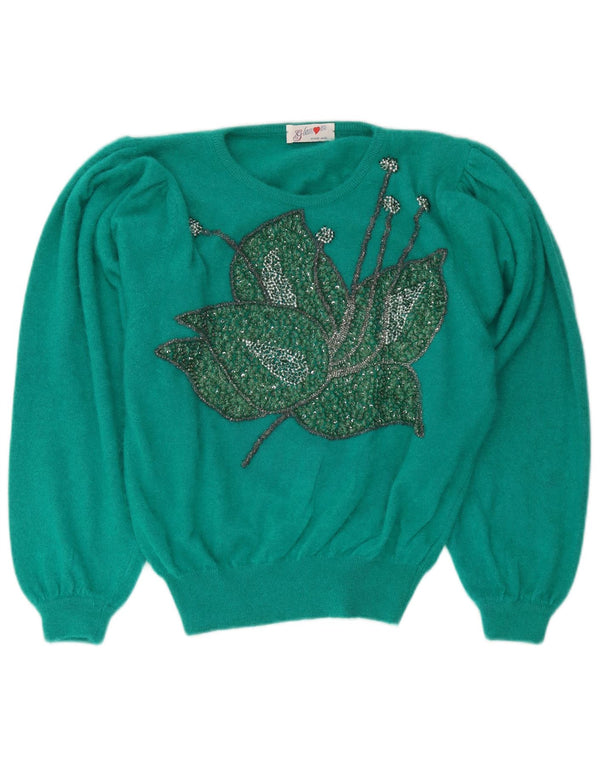Vintage Womens Graphic Crew Neck Jumper Sweater UK 14 Medium Green Floral