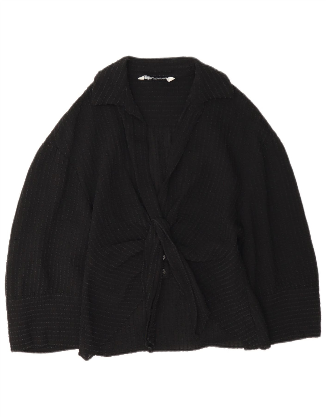 Zara Womens 3/4 Sleeve Front Tie Shirt Blouse UK 12 Medium Black Viscose