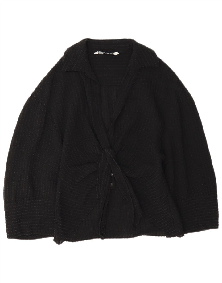 Zara Womens 3/4 Sleeve Front Tie Shirt Blouse UK 12 Medium Black Viscose