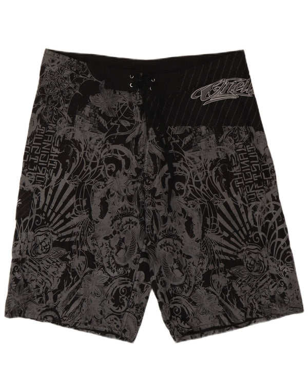 Vintage Mens Graphic Swimming Shorts XL Black Floral Polyester