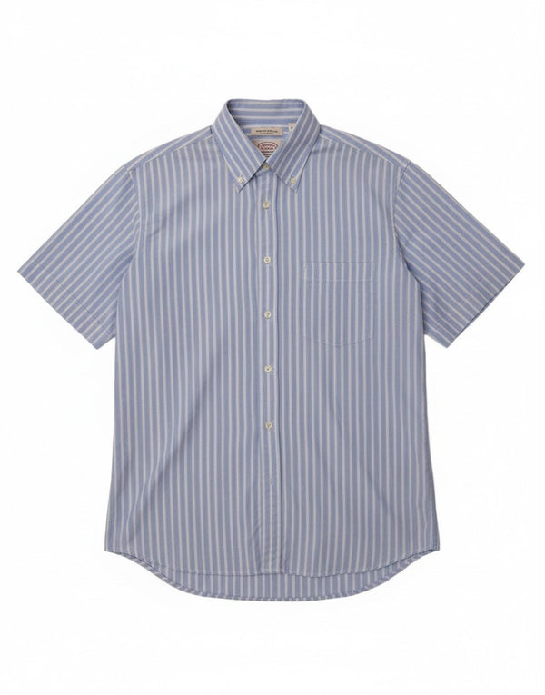 Carrel Mens Short Sleeve Shirt Size 40 15 1/2 Medium Blue Striped Cotton