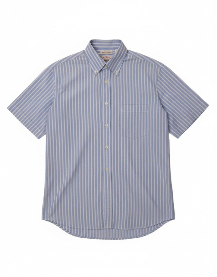 Carrel Mens Short Sleeve Shirt Size 40 15 1/2 Medium Blue Striped Cotton