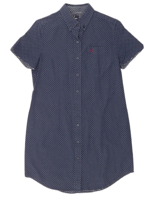 Fred Perry Womens Short Sleeves Shirt Dress UK 12 Medium Navy Blue Spotted