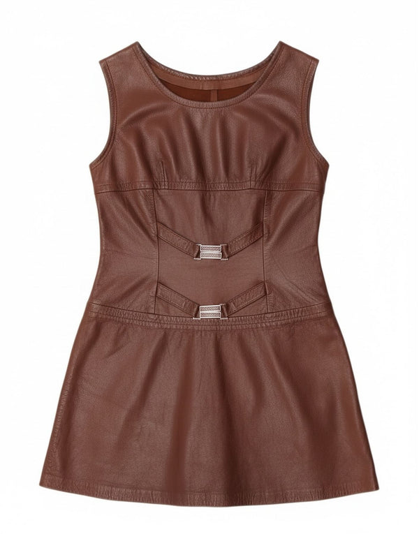 Vintage Womens Sleeveless Leather A-Line Dress UK 10 Small Brown