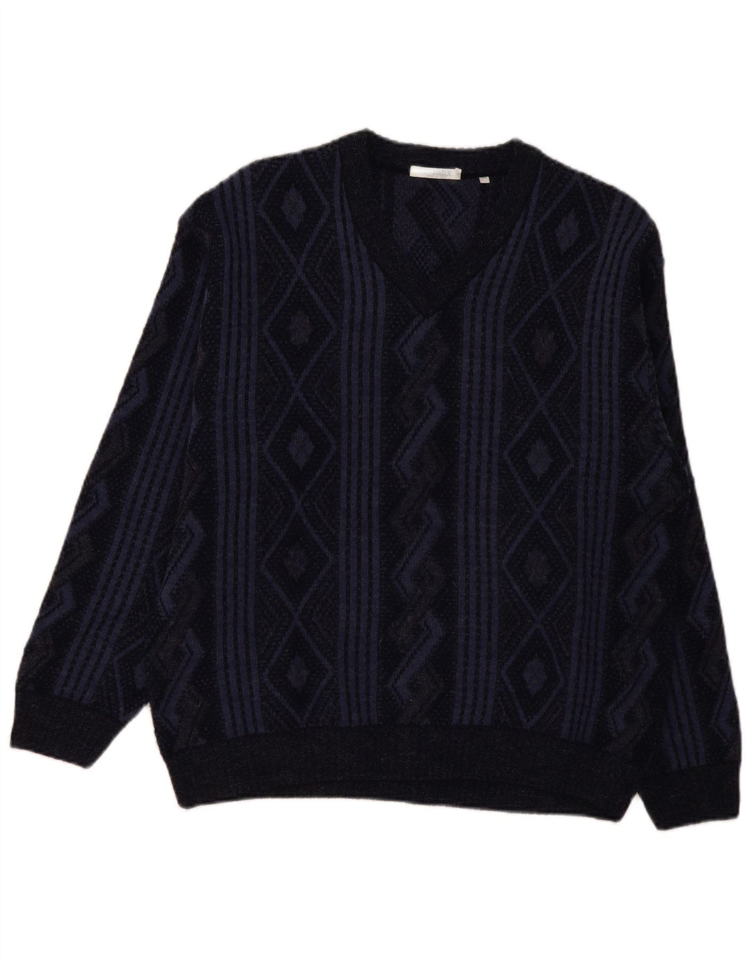Naramaglie Mens V-Neck Jumper Sweater Medium Navy Blue Geometric Acrylic