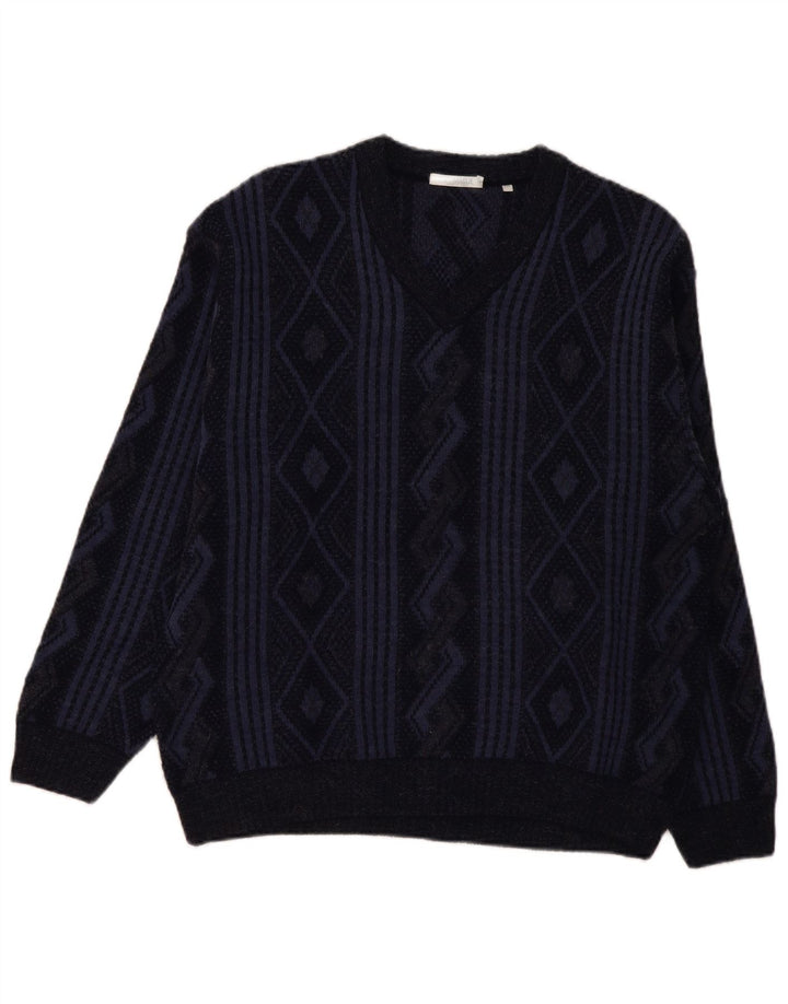Naramaglie Mens V-Neck Jumper Sweater Medium Navy Blue Geometric Acrylic