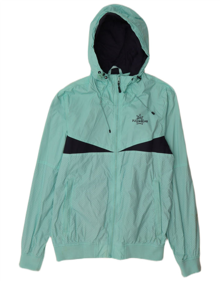 Pull & Bear Mens Hooded Rain Jacket UK 40 Large Turquoise Colourblock Nylon