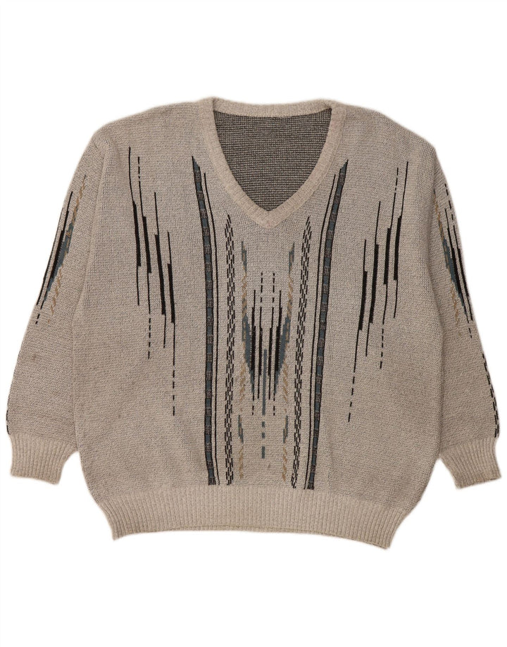 VINTAGE Mens V-Neck Jumper Sweater Large Grey Geometric