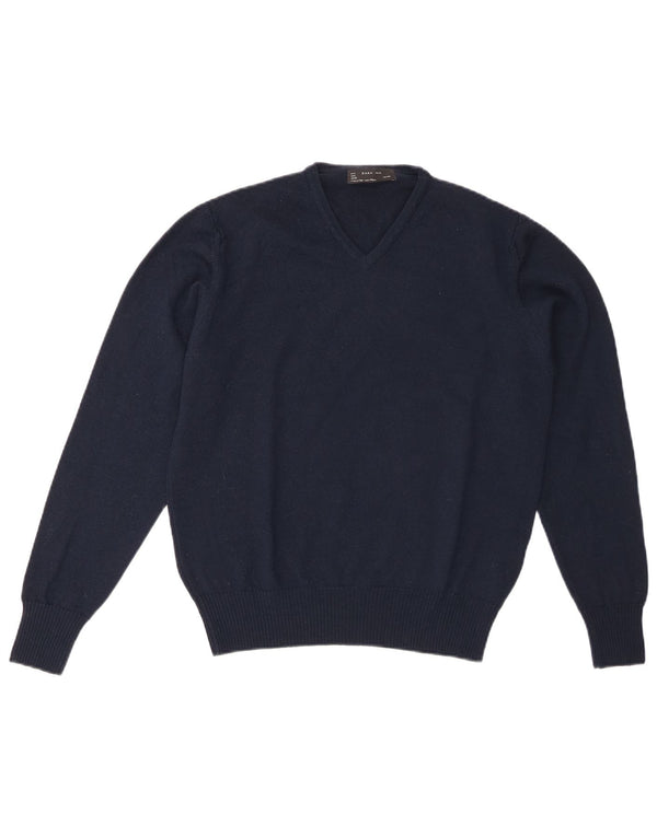 Zara Mens V-Neck Jumper Sweater Medium Navy Blue Wool