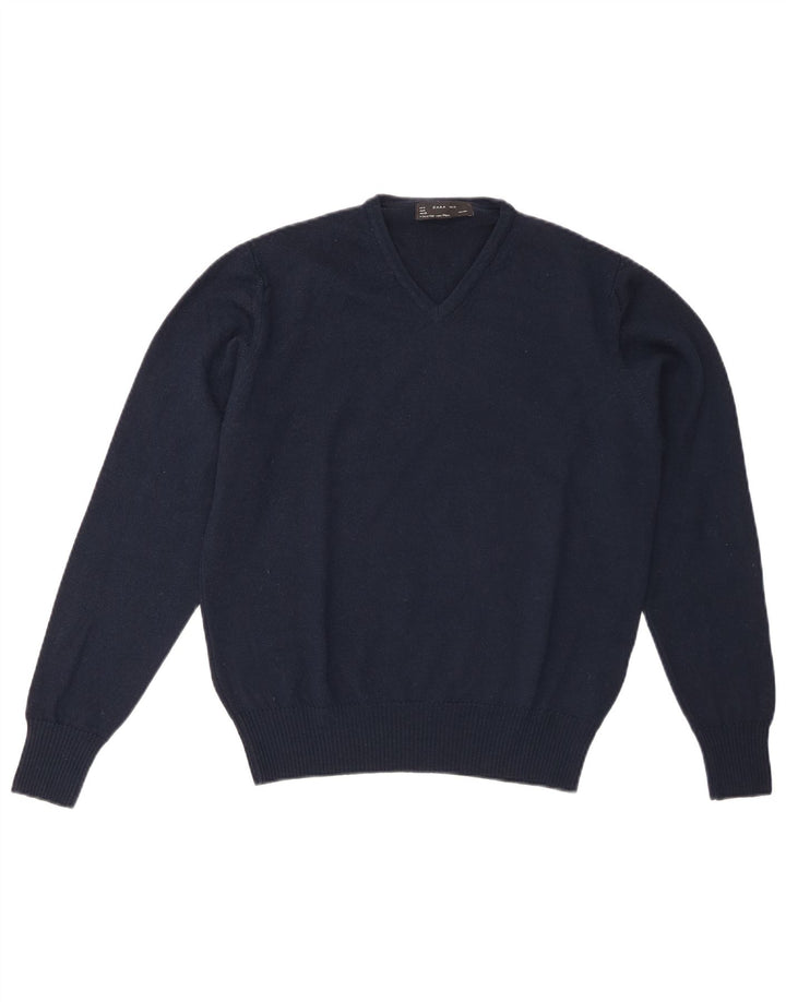 Zara Mens V-Neck Jumper Sweater Medium Navy Blue Wool