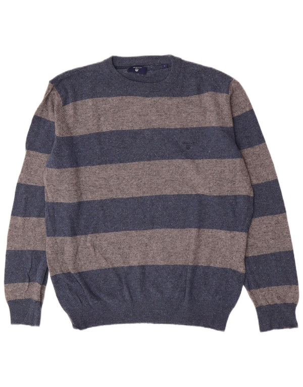 Gant Mens Crew Neck Jumper Sweater Large Blue Striped Lambswool