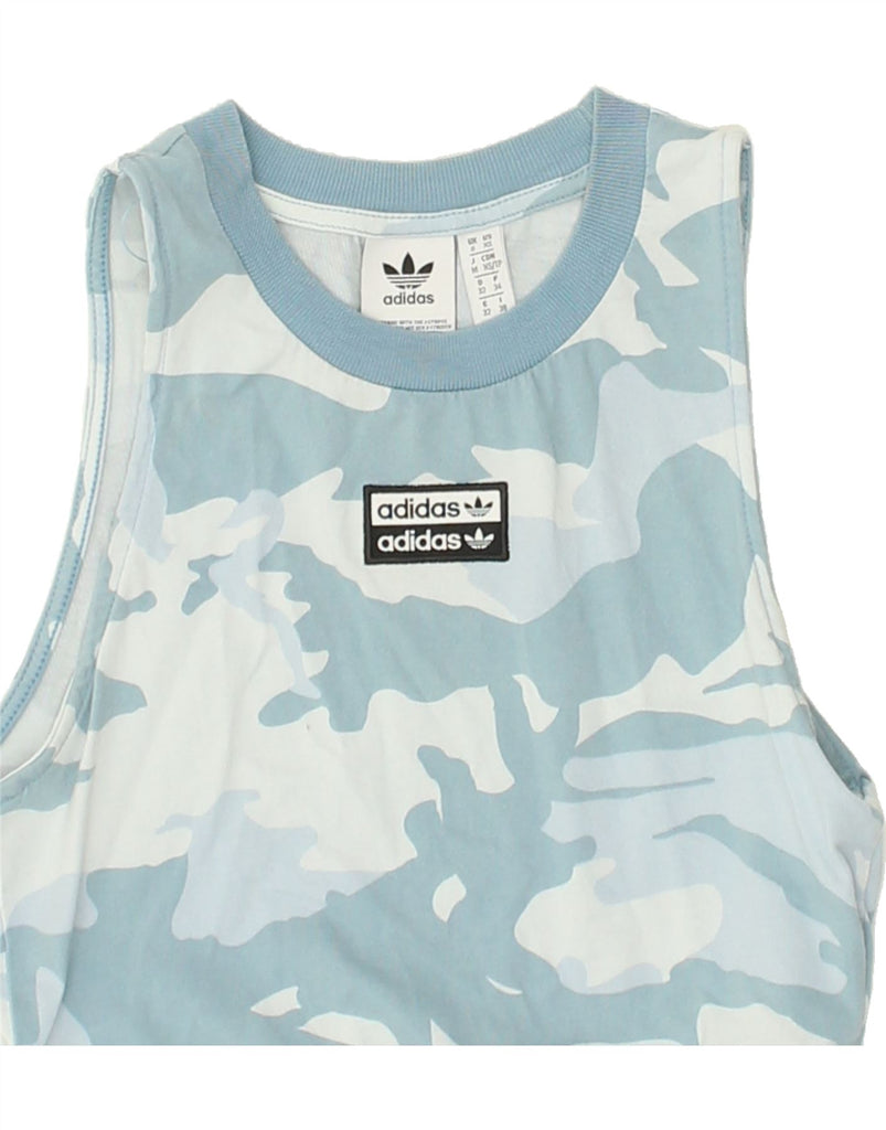 ADIDAS Womens Crop Graphic Vest Top UK 6 XS Blue Camouflage Cotton | Vintage Adidas | Thrift | Second-Hand Adidas | Used Clothing | Messina Hembry 