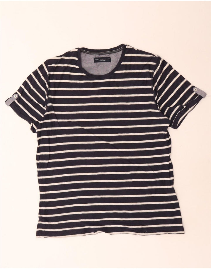 Jack & Jones Mens T-Shirt Top Large Navy Blue Striped