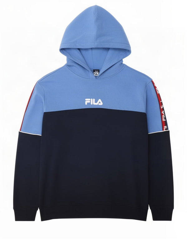 Fila Mens Graphic Hoodie Jumper Large Navy Blue Colourblock Cotton