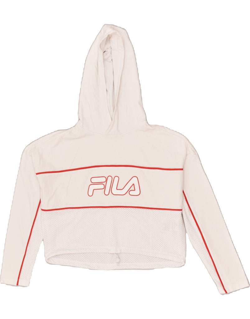 FILA Womens Crop Graphic Hoodie Jumper UK 6 XS White Cotton | Vintage Fila | Thrift | Second-Hand Fila | Used Clothing | Messina Hembry 