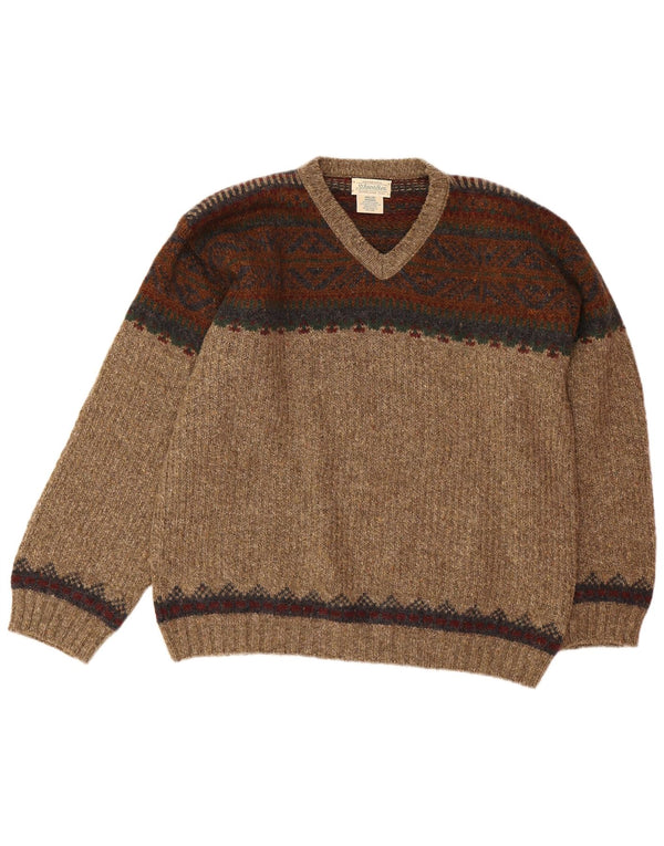 St John's Bay Mens V-Neck Jumper Sweater Medium Beige Fair Isle Wool
